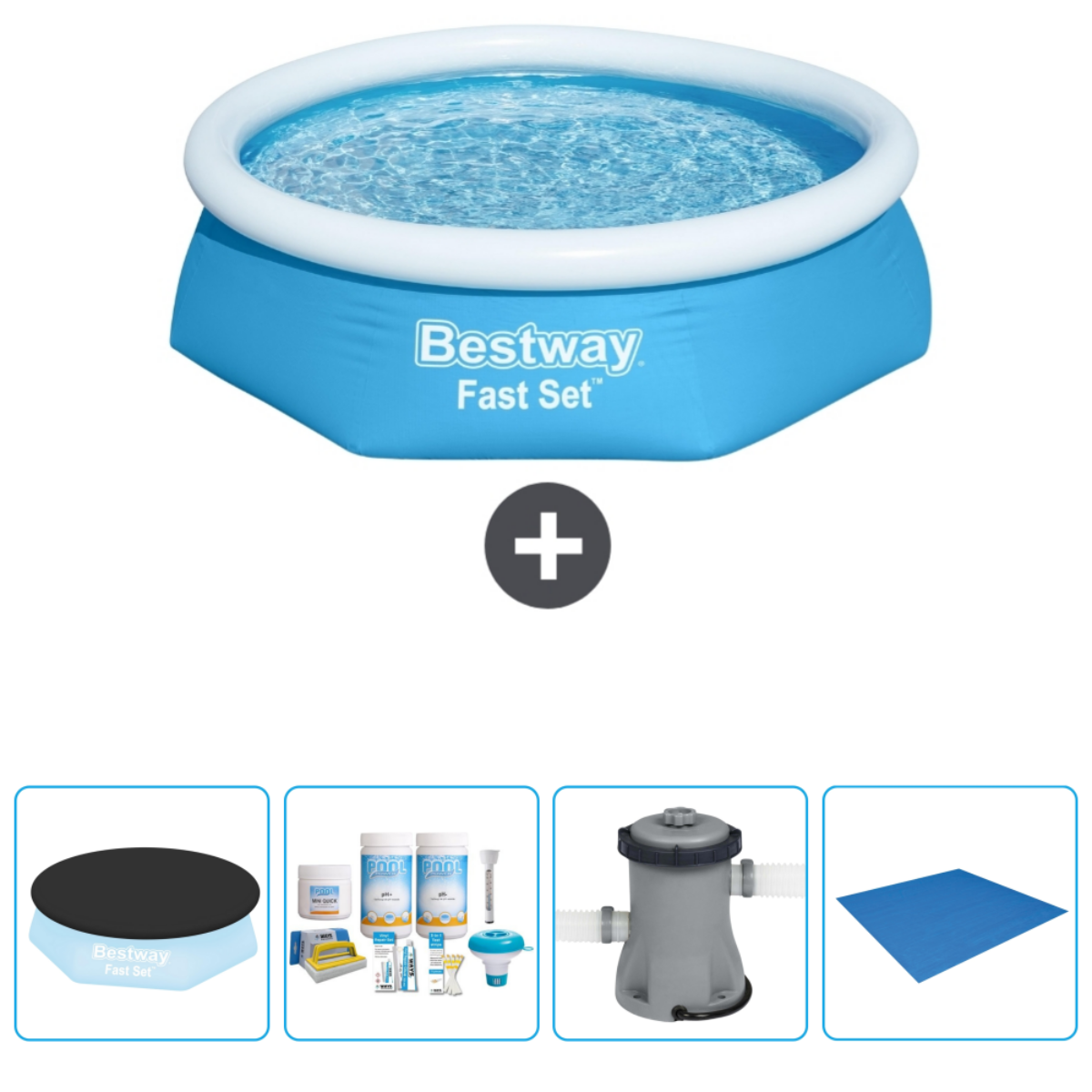 Blauw opblaasbaar zwembad met accessoires: een afdekking, chemicaliën, filter en een blauwe grondbedekking.
