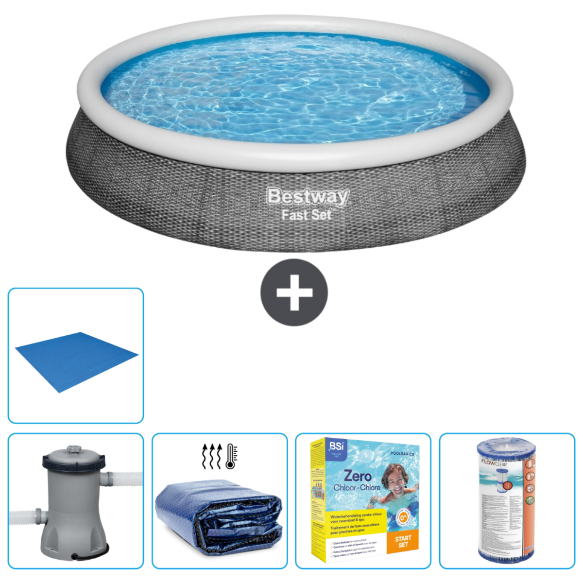 Ronde zwembad, water, accessoires: filter, afdekking, chloor kit, mat. Merk Bestway.