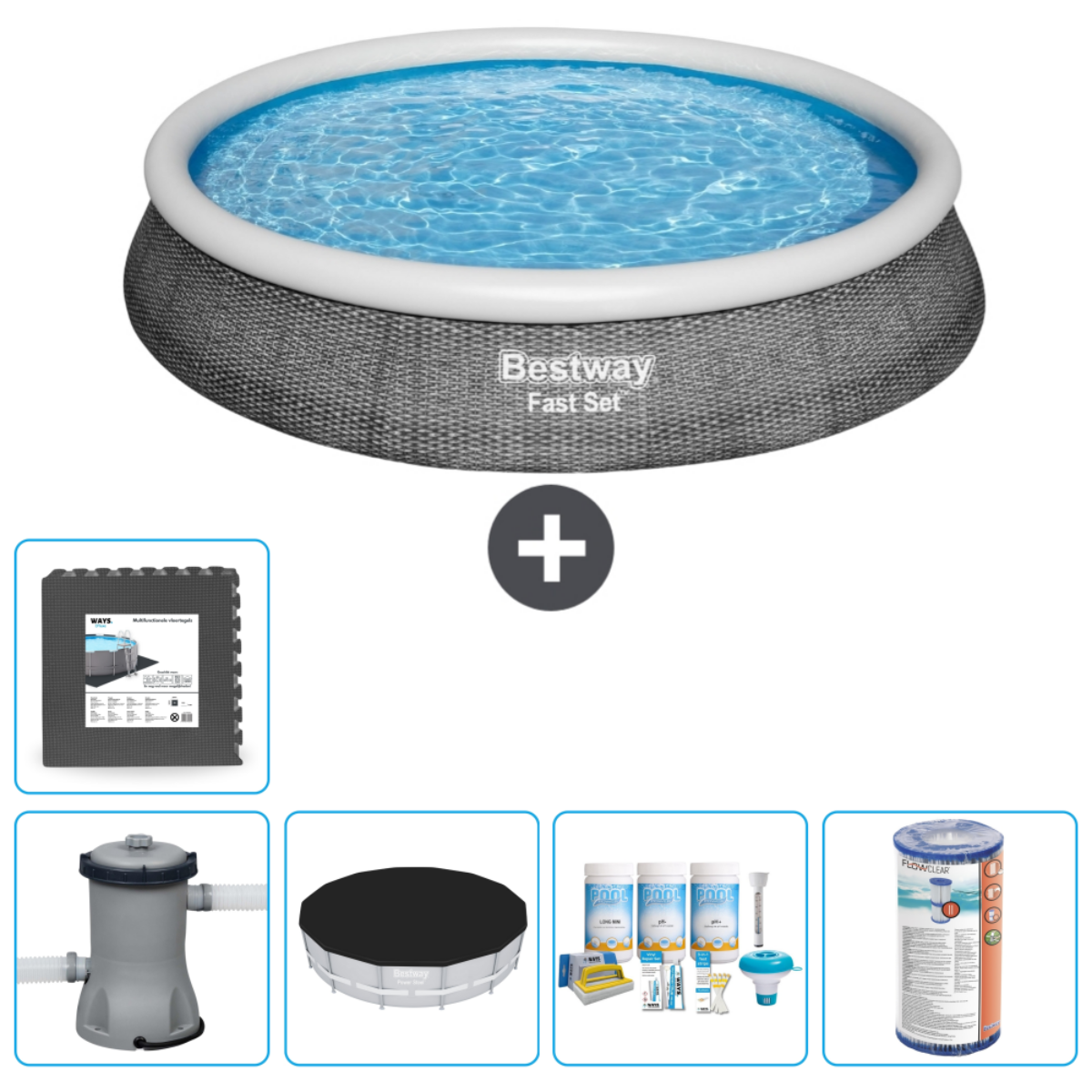 An inflatable pool with accessories, including a filter, mat, and chemicals.