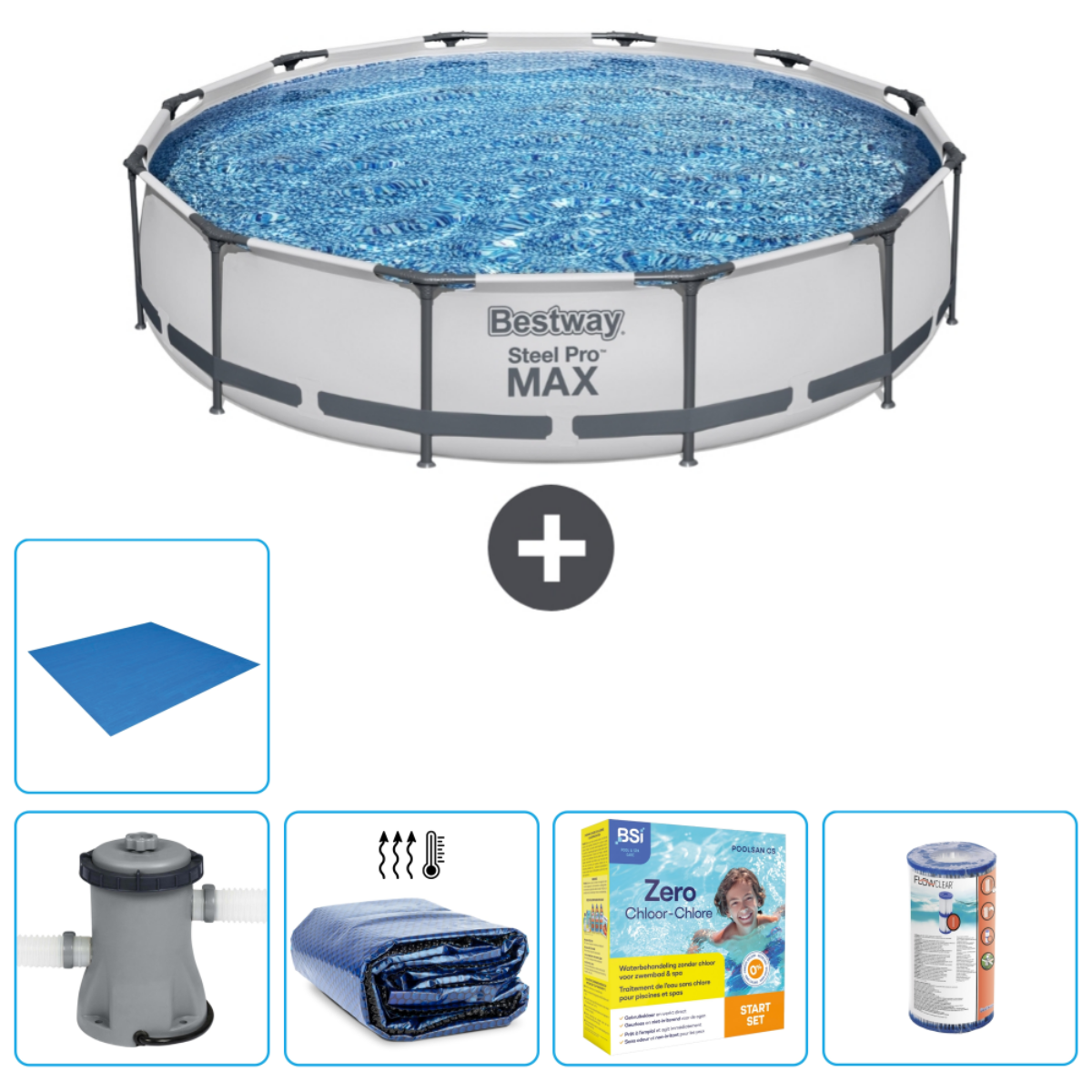 Runder Pool mit Zubehör: Chemikalien, Abdeckung, Pumpe und mehr.