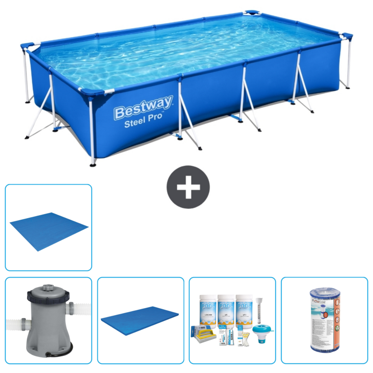 Rechthoekig bovengronds zwembad met accessoires, zoals een afdekking, filter en chemicaliën, op wit.