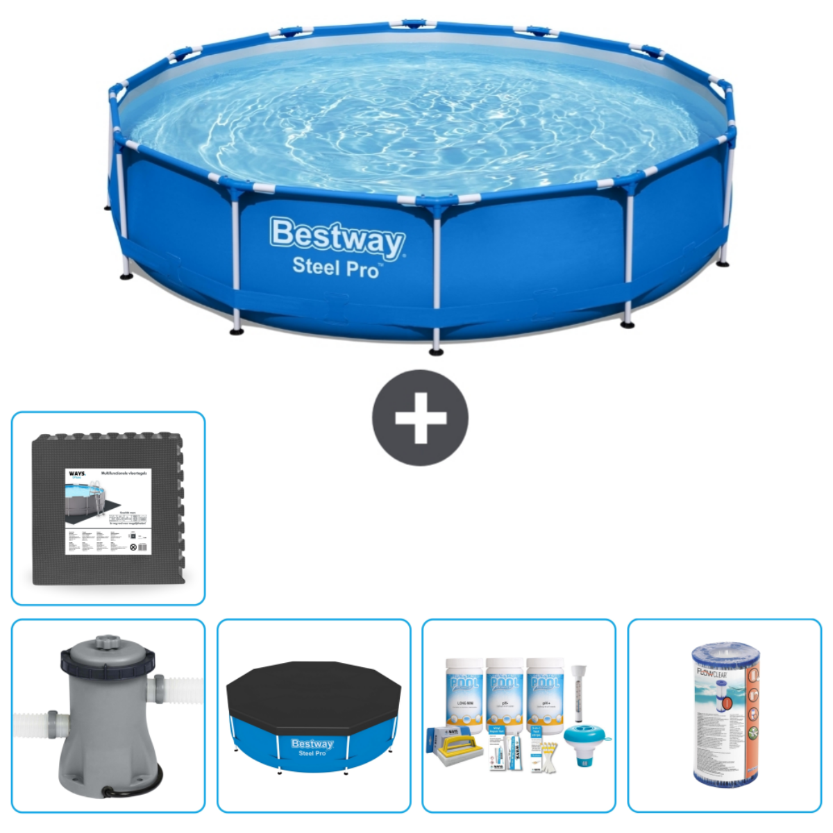 Piscine hors sol bleue avec accessoires : filtre, produits chimiques, couverture et tapis. Bleu et blanc.
