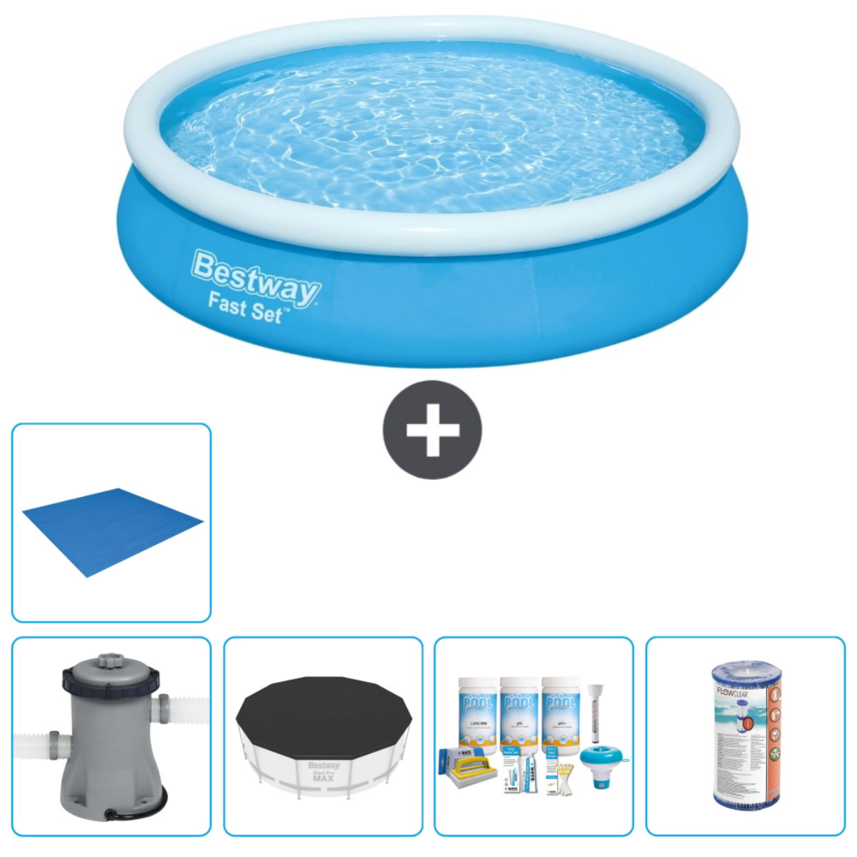 Blauwe ronde pool met accessoires. Inclusief grondzeil, pomp, afdekking en chemicaliën. De pool is gevuld met water.