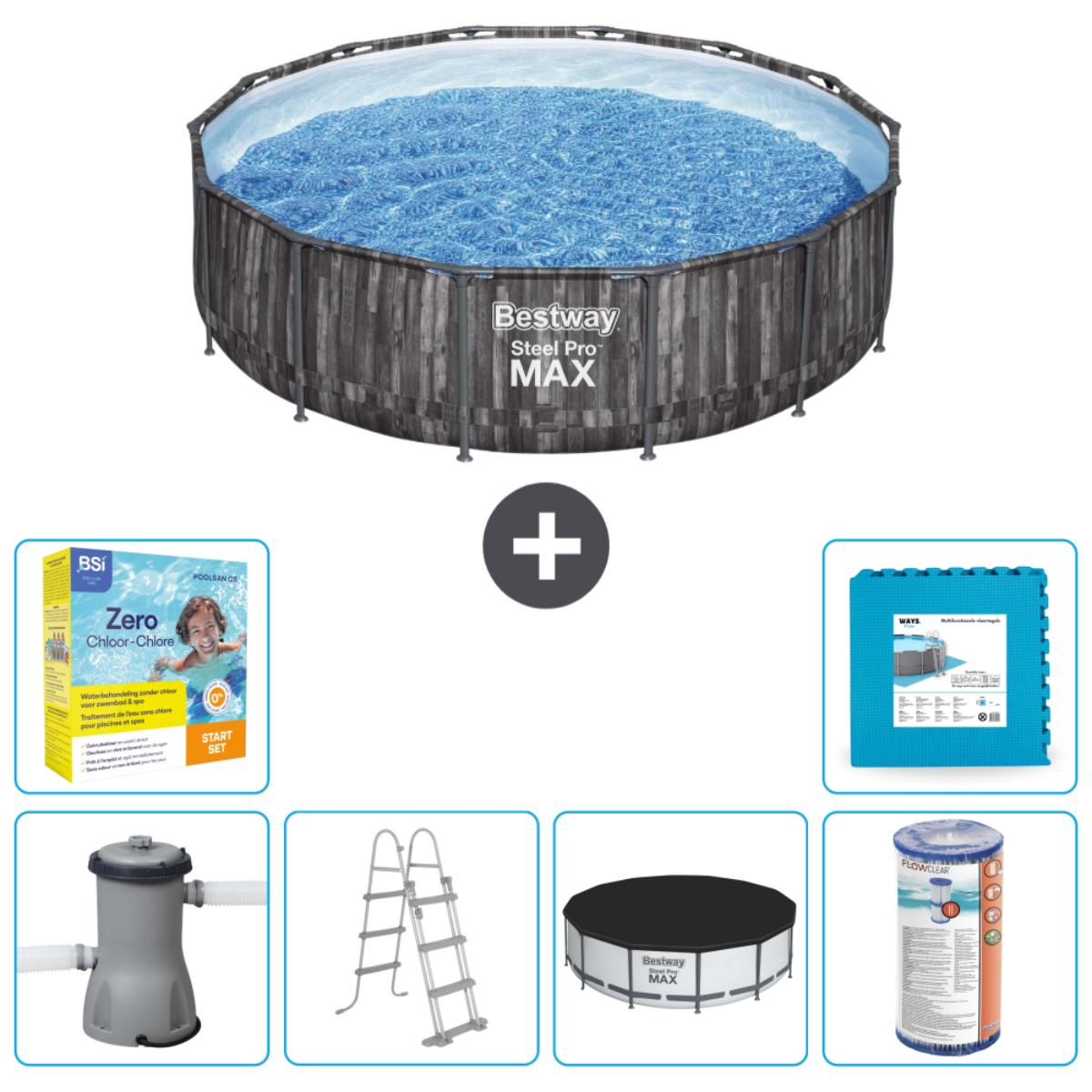 Rond zwembad met filter, ladder, afdekking, chemicaliën en schoonmaakmat.