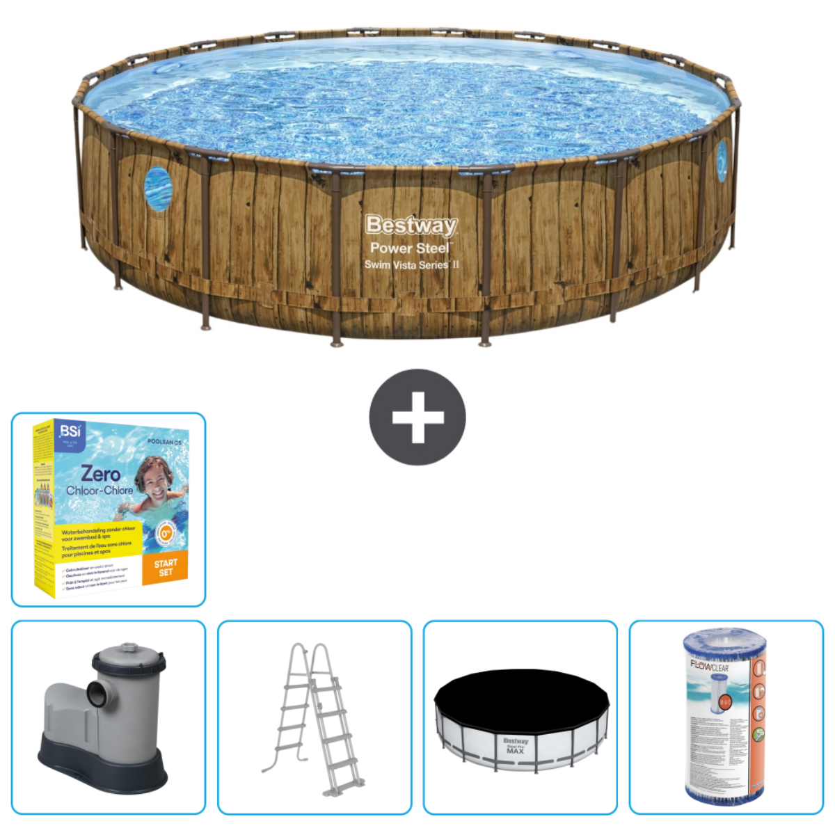 Rond zwembad, water, houten wanden, accessoires: filter, afdekking, chloor kit, ladder. Bestway.