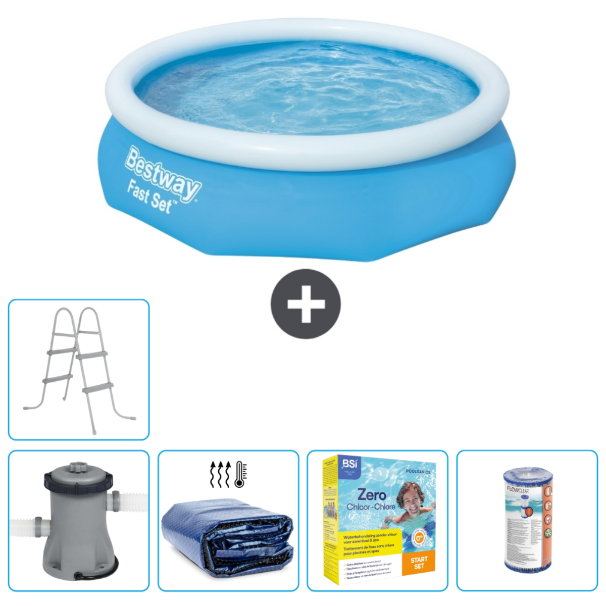 Piscine ronde bleue avec accessoires. Comprend une échelle, une pompe, des produits chimiques et une couverture. Remplie d'eau.