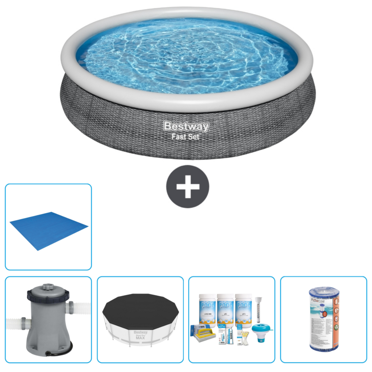 Rond Bestway Fast Set zwembad met accessoires. Inclusief grondzeil, filter en chemicaliën.