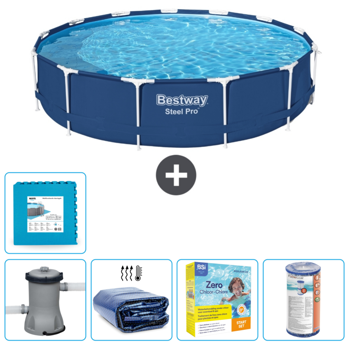 Blauw rechthoekig zwembad met filter, chemicaliën, afdekking, mat en thermometer.