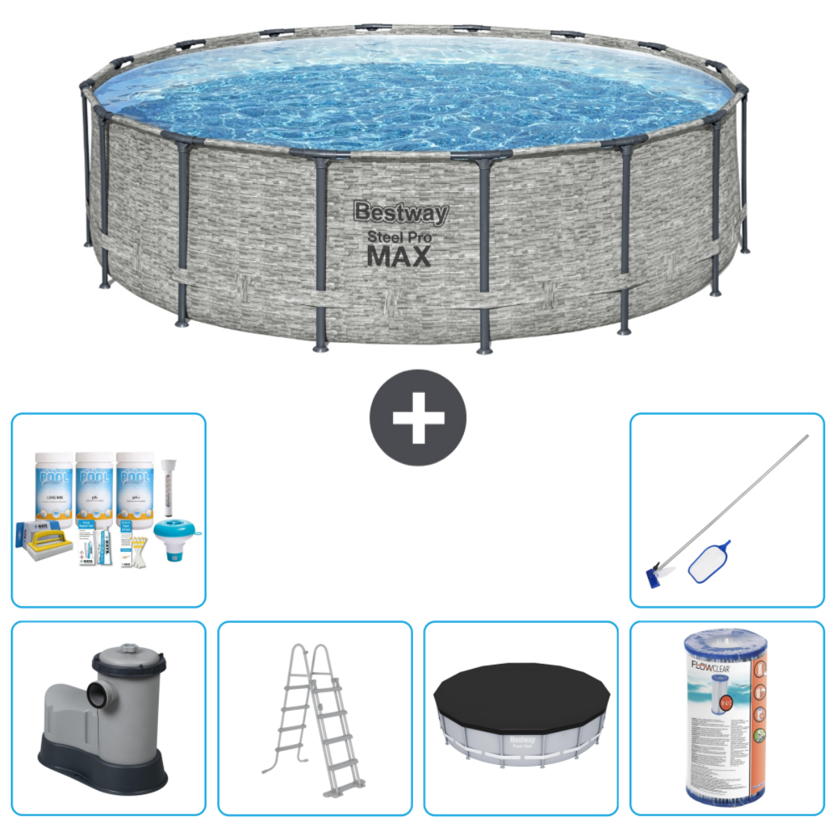Rond bovengronds zwembad met accessoires. Inclusief chemicaliën, ladder, afdekking, etc.