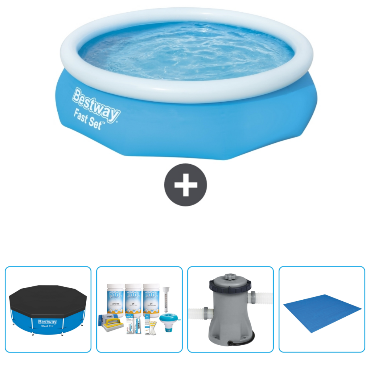 Blauwe en witte opblaasbare pool met water en accessoires. Inclusief afdekking, chemicaliën, filter en mat.
