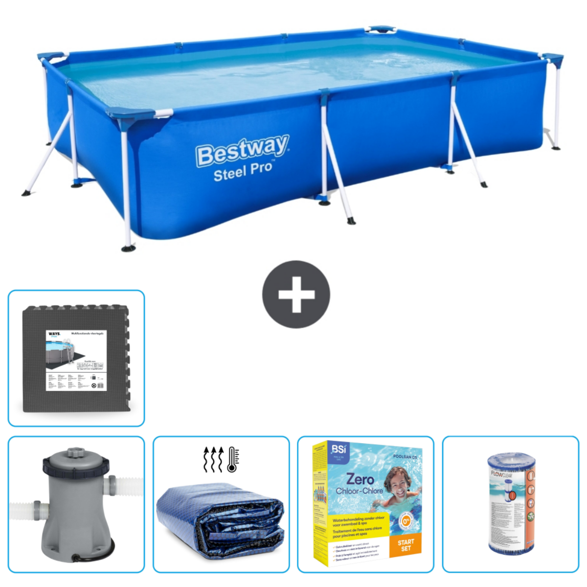 Blauw rechthoekig zwembad, water, accessoires: filter, afdekking, chloor kit, mat. Bestway.