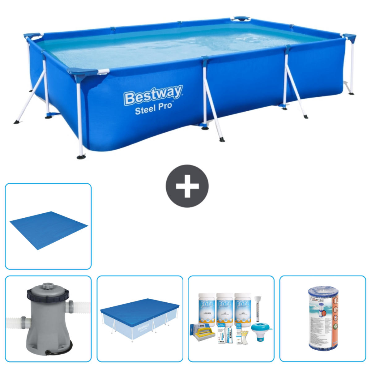 Blauw rechthoekig Bestway Steel Pro zwembad met accessoires. Inclusief grondzeil, filter en chemicaliën.