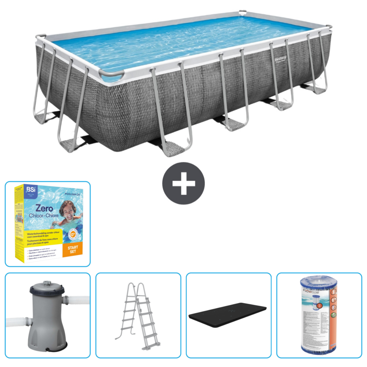 Piscine rectangulaire avec accessoires. Comprend une pompe, une échelle, des produits chimiques et un tapis. Remplie d'eau.