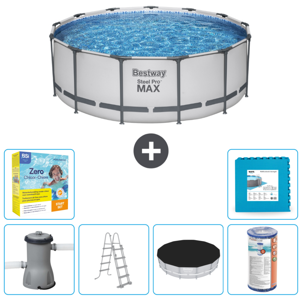 Een wit Bestway Steel Pro MAX zwembad met accessoires: filter, ladder, afdekzeil en chemische set.