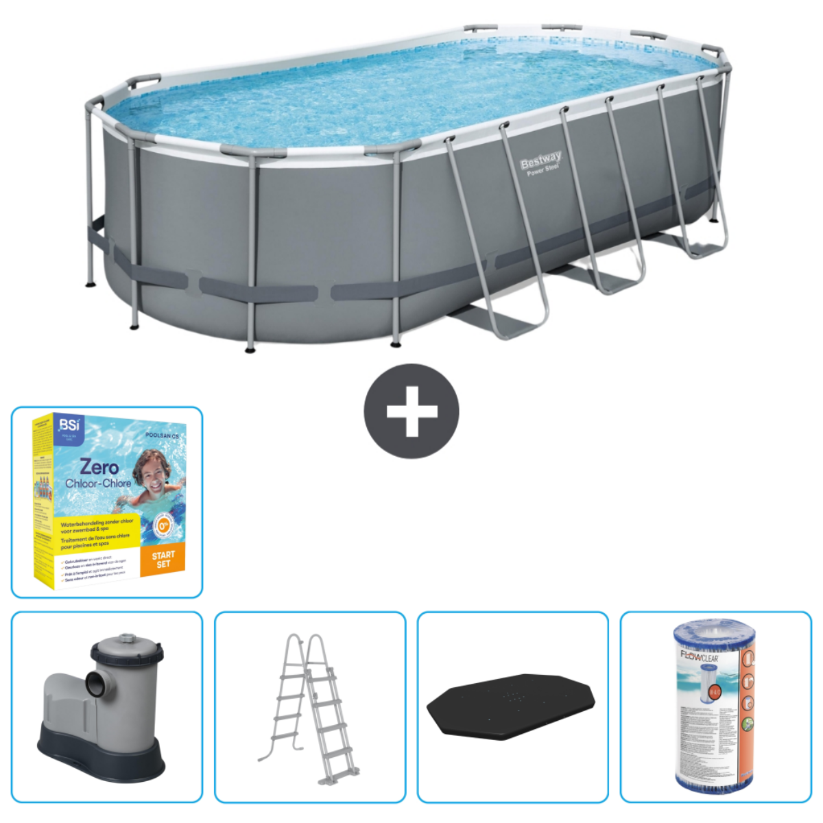 Piscine ovale à cadre gris avec eau bleue. Les articles incluent un filtre, des produits chimiques et une échelle.