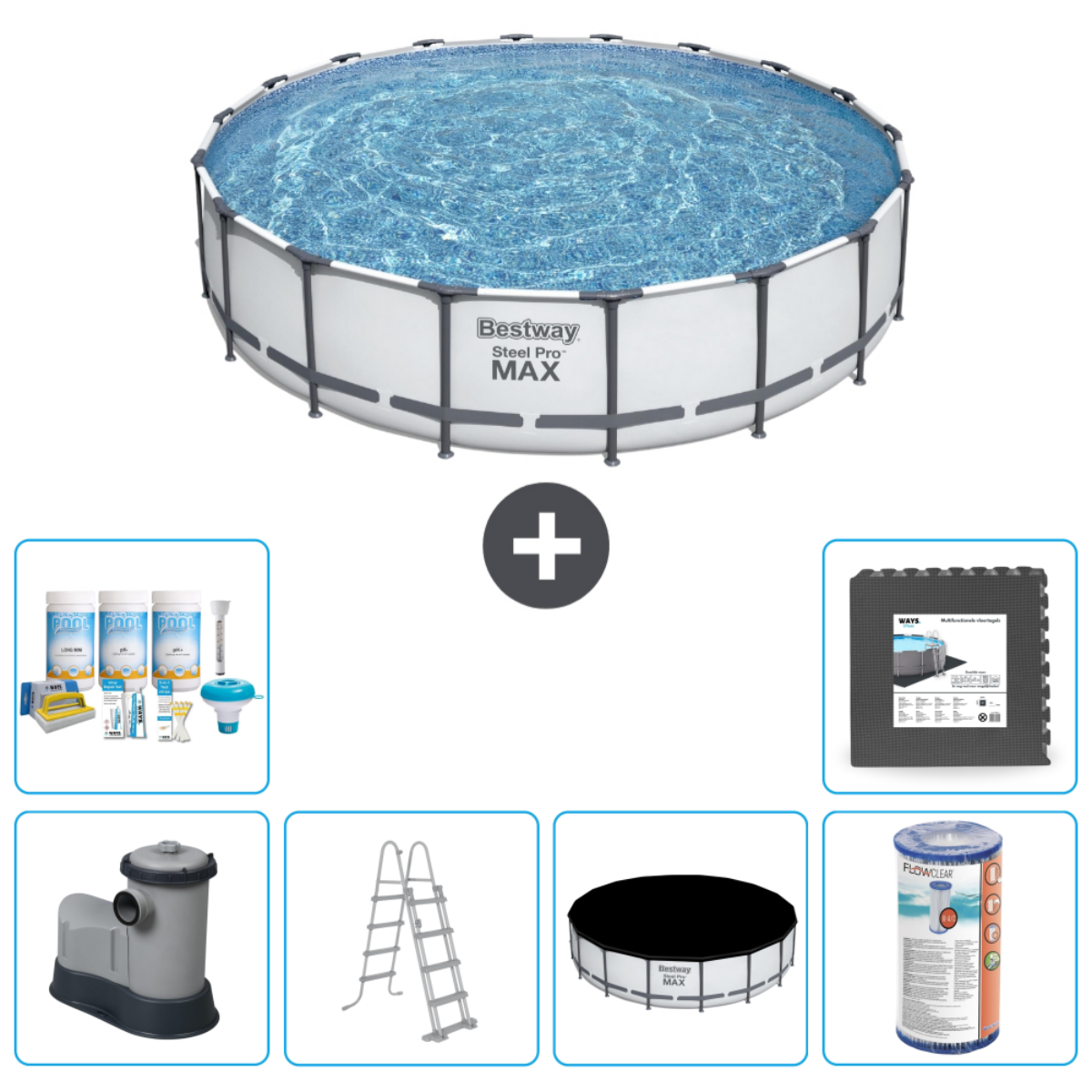 Bovengronds zwembad set met accessoires, inclusief chemicaliën, een pomp en een ladder op een witte achtergrond.