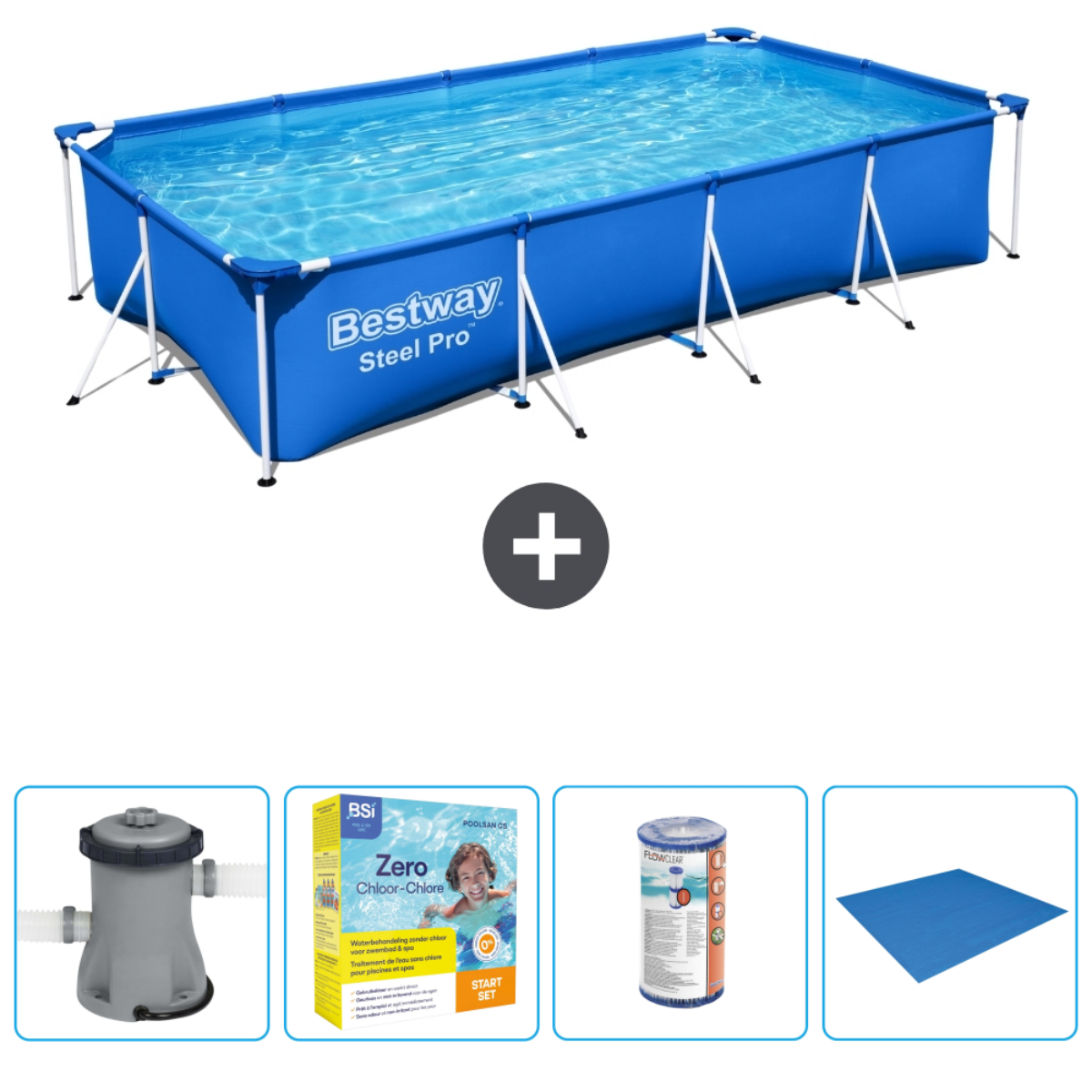 Rechthoekig blauw zwembad met accessoires op wit.