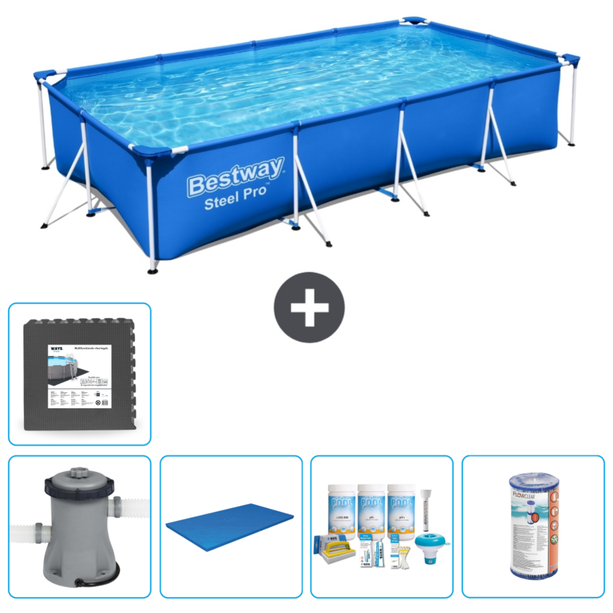 Rechthoekig Bestway-zwembad met accessoires: tegels, pomp, chemicaliën, mat.
