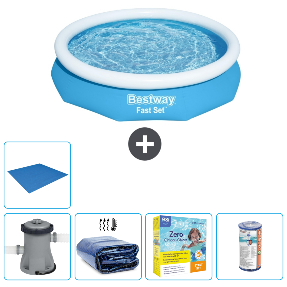 Blauwe en witte opblaasbare zwembad set met accessoires, inclusief een hoes, pomp en chemicaliën.