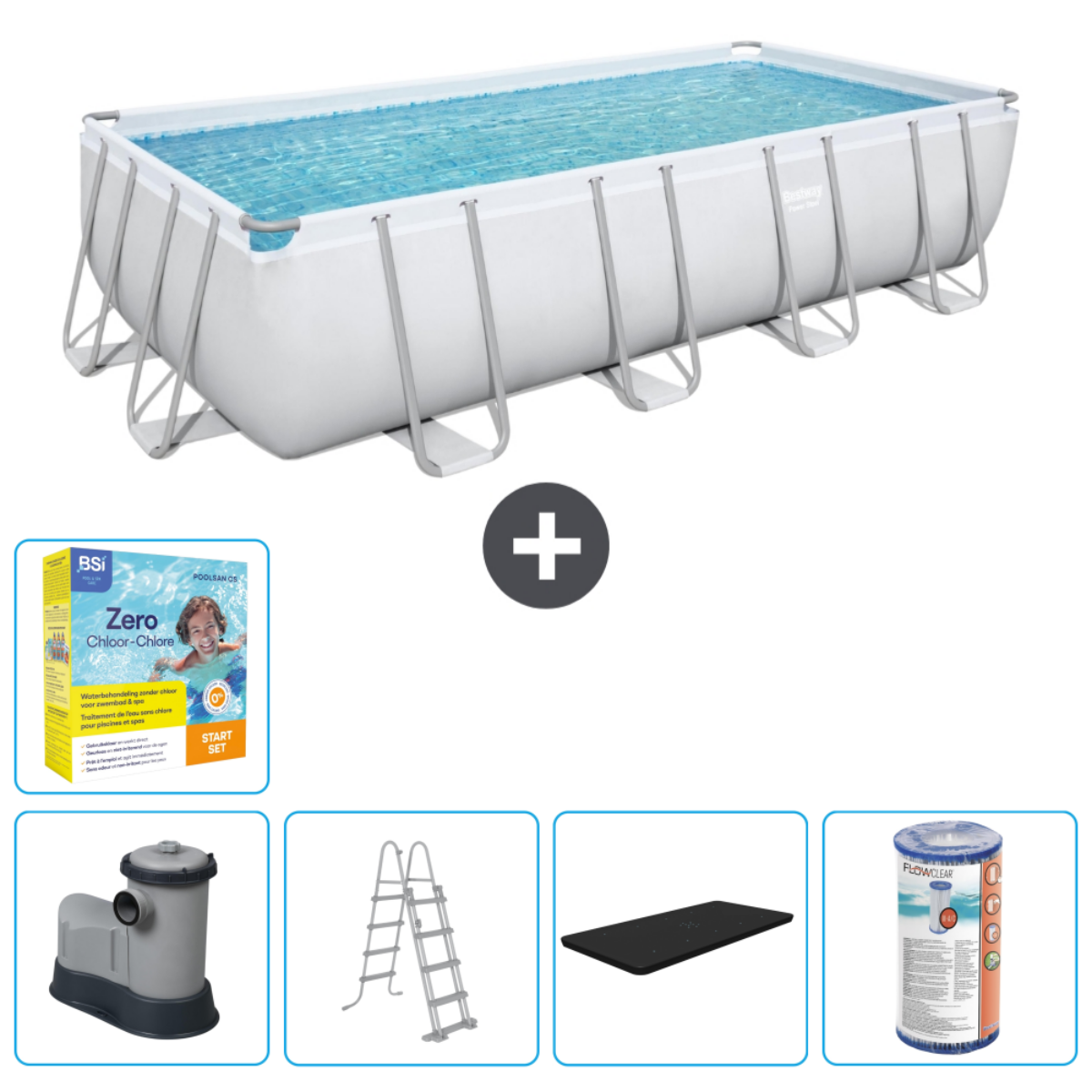 Rechthoekig zwembad met accessoires: filter, ladder, afdekzeil, chemicaliën.