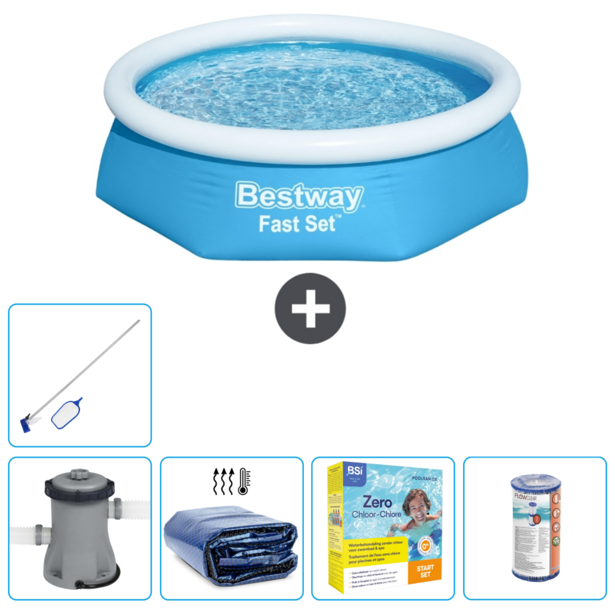 Blauw Bestway-zwembad met accessoires: skimmer, filter, afdekzeil, chemicaliën.