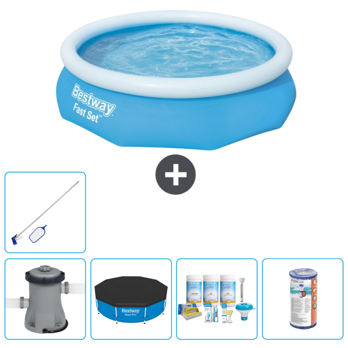 Piscine bleue et blanche, eau, accessoires: filtre, couverture, nettoyeur, produits chimiques. Bestway.