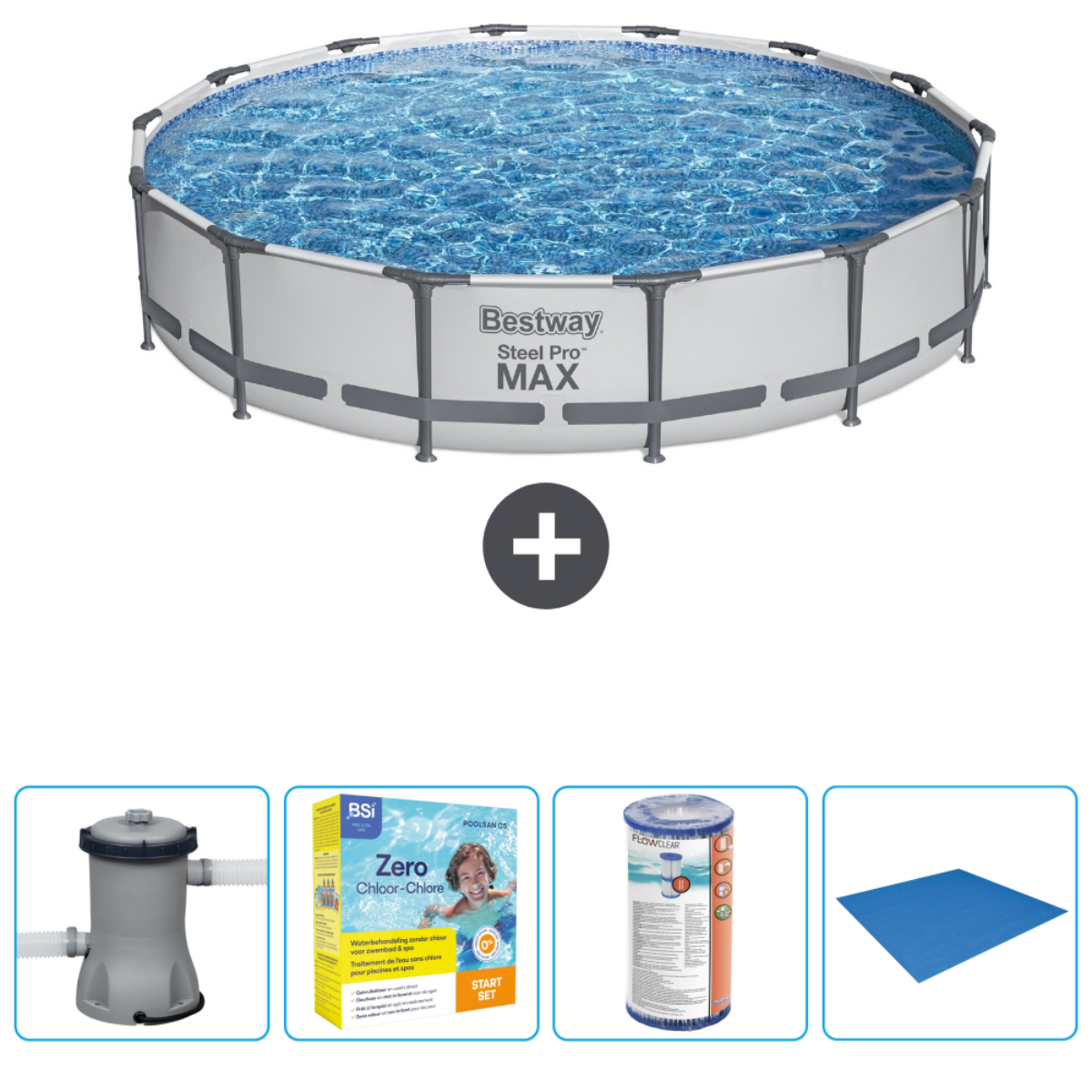 Een achthoekige bovengrondse zwembadset. Zwembad, filter, afdekking, chemicaliën en meer. Wit en blauw. Bestway.