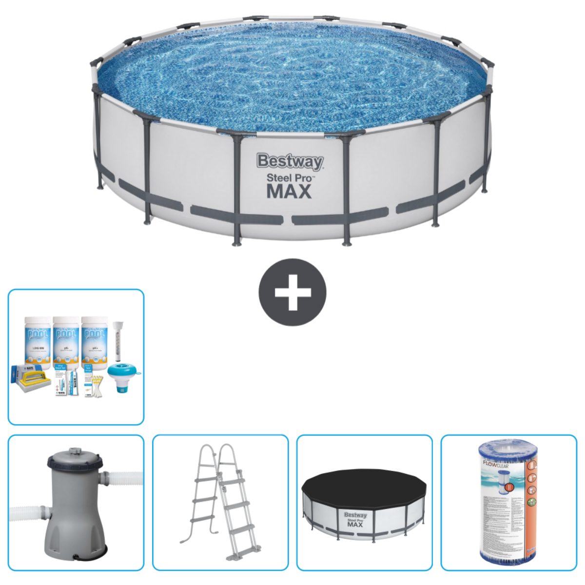 Grande piscine ronde avec accessoires: filtre, bâche, échelle, produits chimiques, tapis. Bestway Steel Pro MAX.