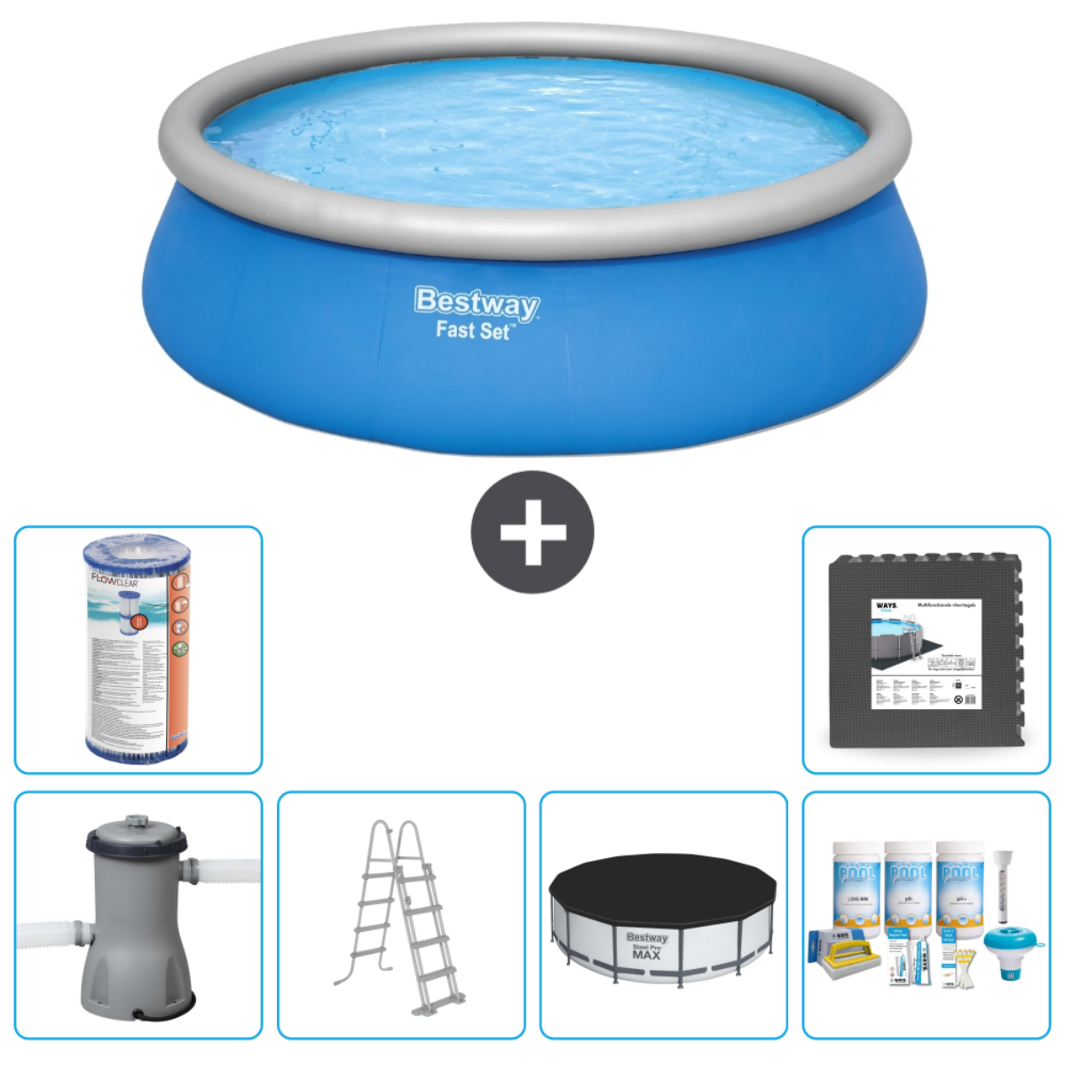 Een blauw opblaasbaar zwembad met accessoires: filter, ladder en reinigingskit.