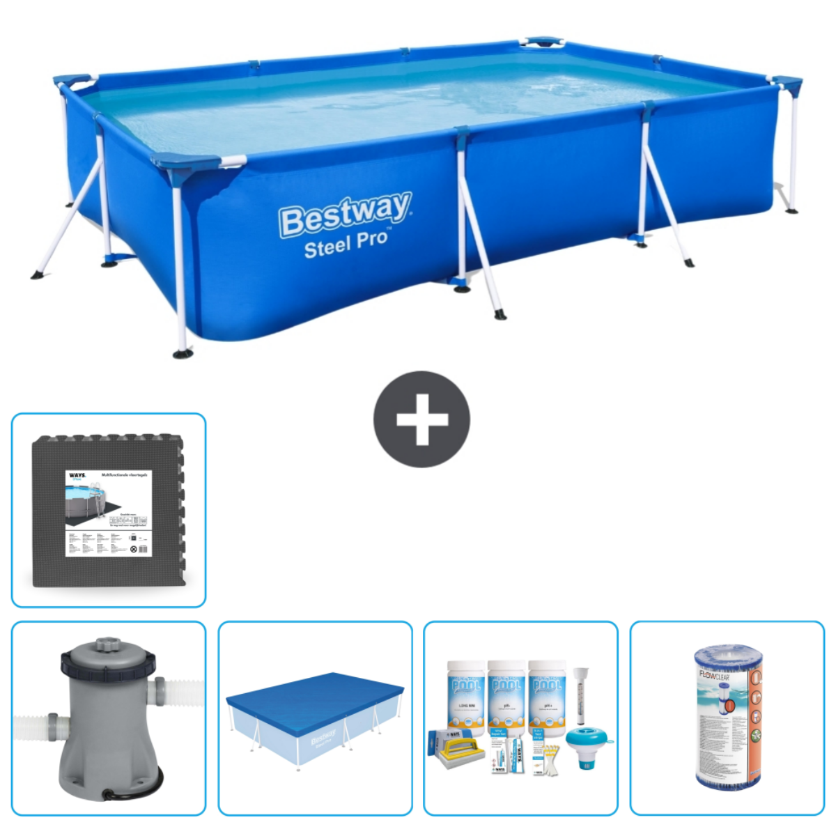 Een rechthoekig blauw zwembad met accessoires, waaronder een filter, afdekking en chemicaliën.