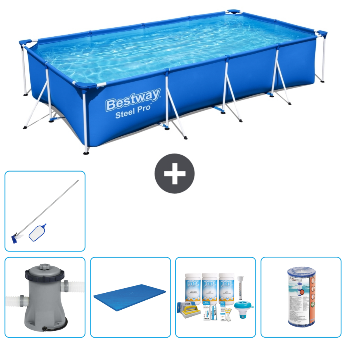 Rechthoekig zwembad met accessoires: net, pomp, chemicaliën, mat.