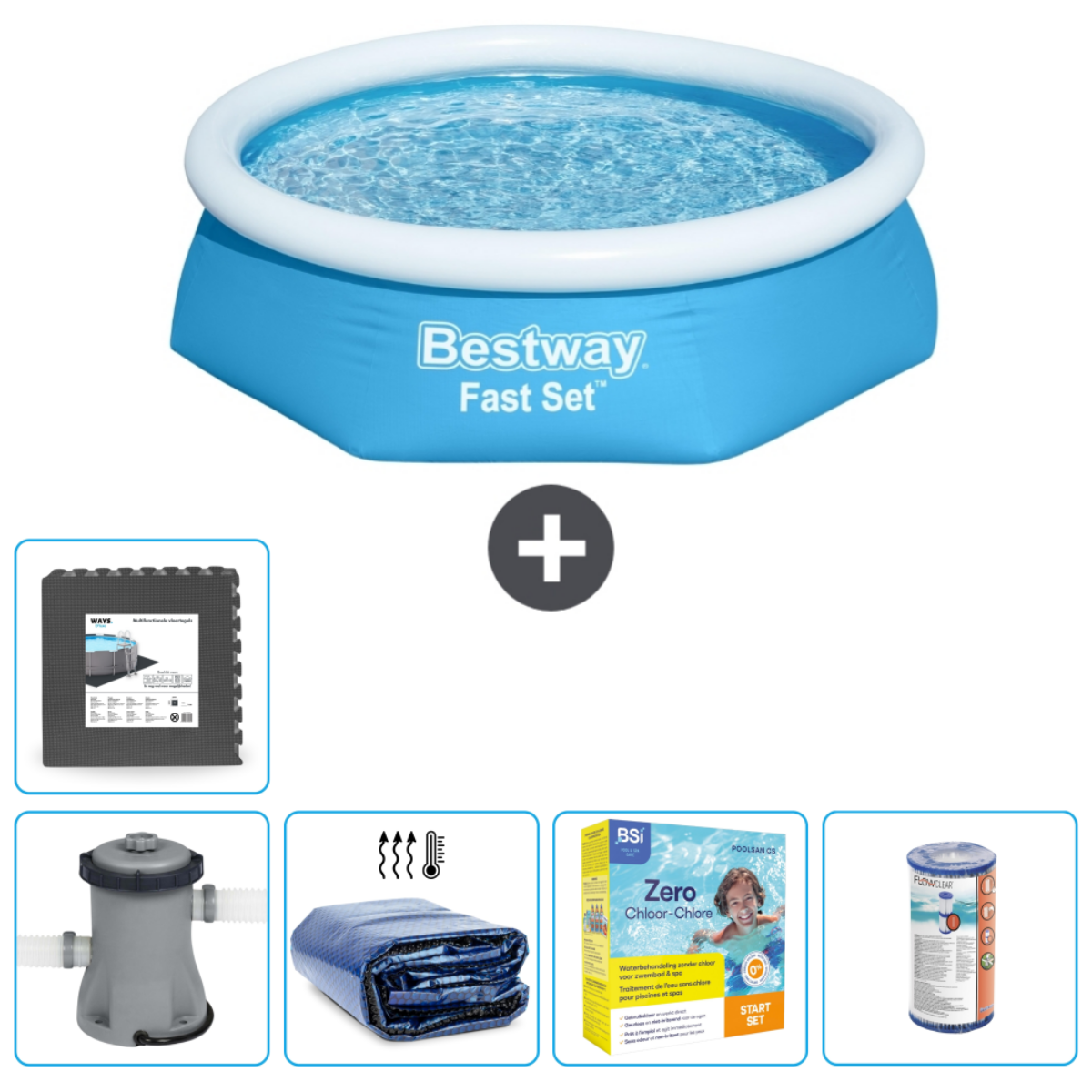 Blauwe ronde pool met accessoires. Inclusief een mat, pomp, chemicaliën en een afdekzeil. De pool is gevuld met water.