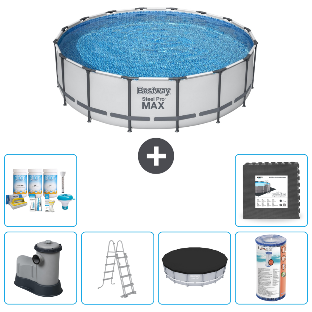 Wit Bestway Steel Pro MAX zwembad met accessoires. Inclusief ladder, filter en afdekzeil.
