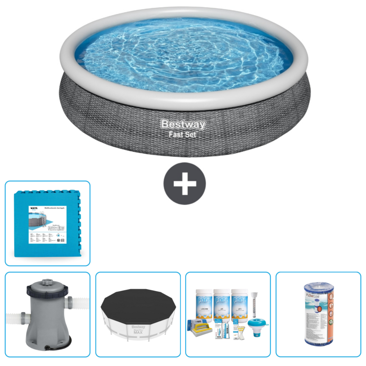 Rond zwembad met blauw water en accessoires zoals een mat, filter en afdekking.