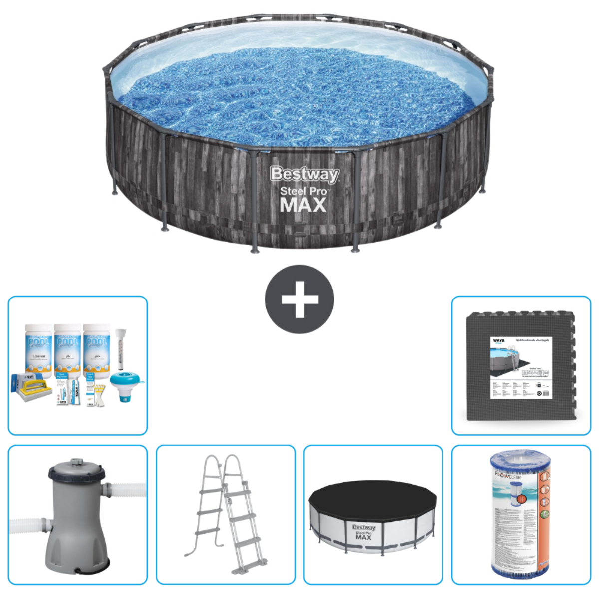 Piscine ronde hors sol avec accessoires. Comprend produits chimiques, échelle, couverture et tapis.