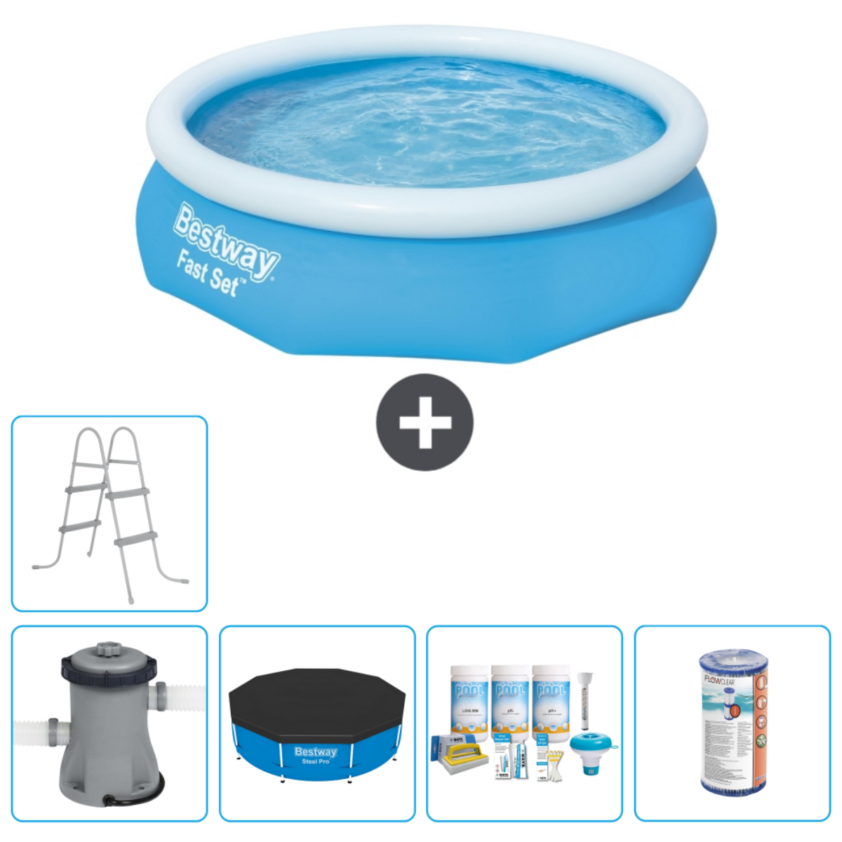 Blauw opblaasbaar zwembad met accessoires. Inclusief ladder, filter, afdekking en chemiekit.