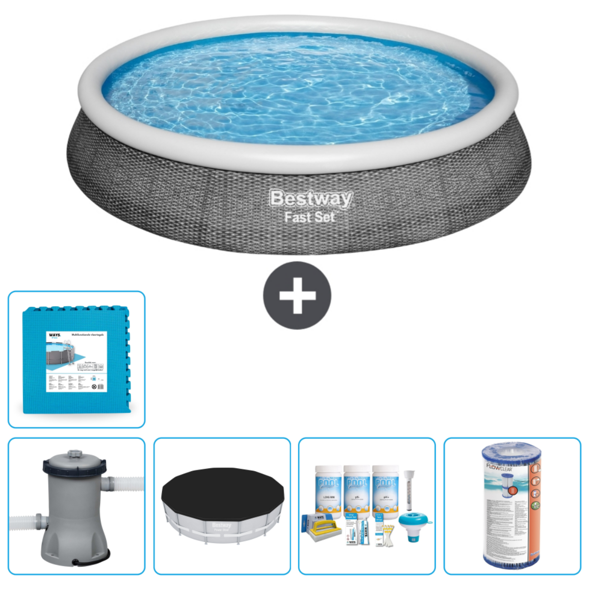 Zwembad met accessoires: pomp, mat, afdekking, chemicaliën.