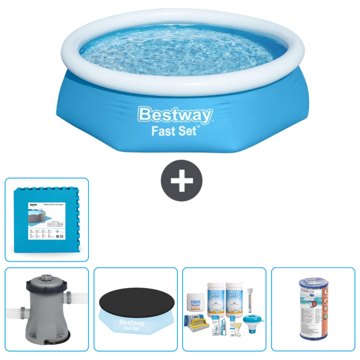 Piscine ronde bleue avec accessoires. Comprend un tapis, une pompe, des produits chimiques et une couverture. Remplie d'eau.