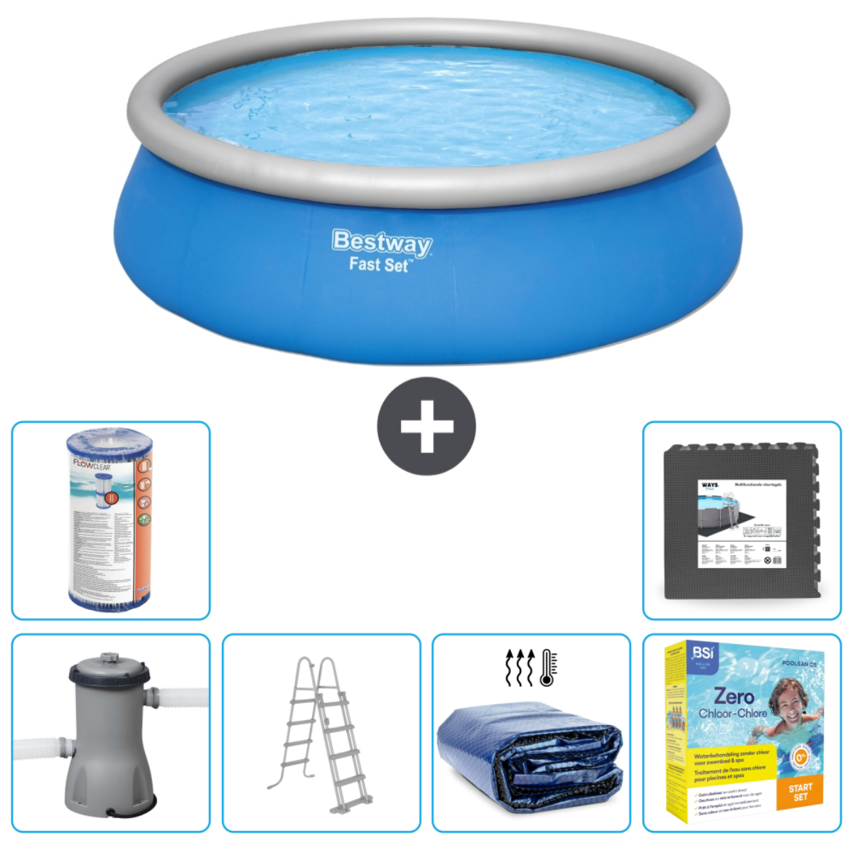 Piscine bleue avec accessoires, dont filtre, échelle, couverture et kit de démarrage.