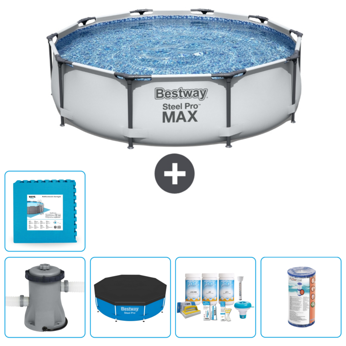 Wit Bestway Steel Pro MAX zwembad met accessoires. Inclusief ladder, filter en afdekzeil.