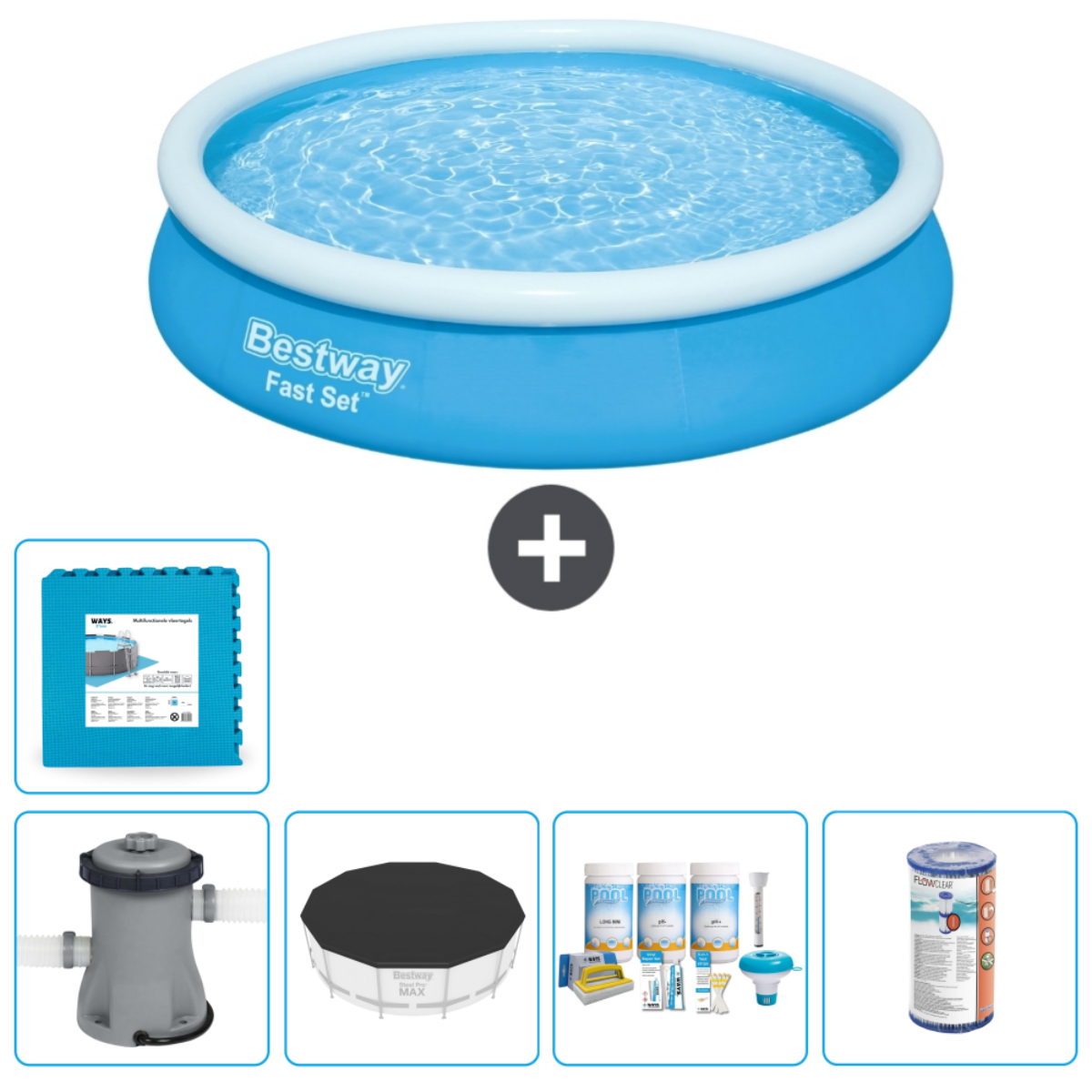 Piscine bleue avec accessoires sur fond blanc.
