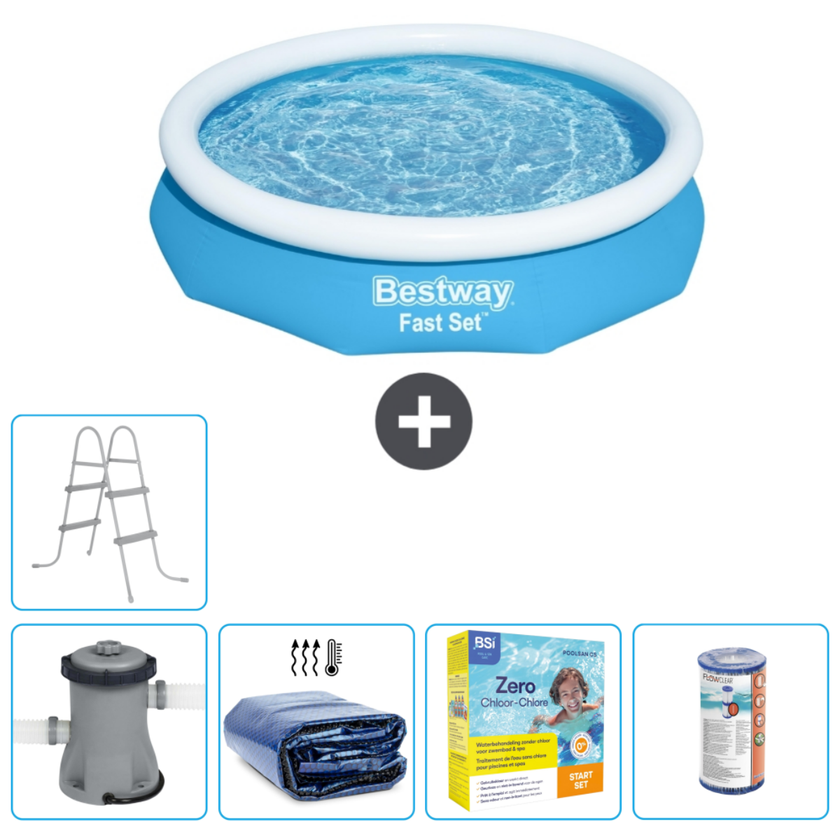Een blauw Bestway Fast Set zwembad met accessoires: filter, ladder, afdekzeil en chemische set.