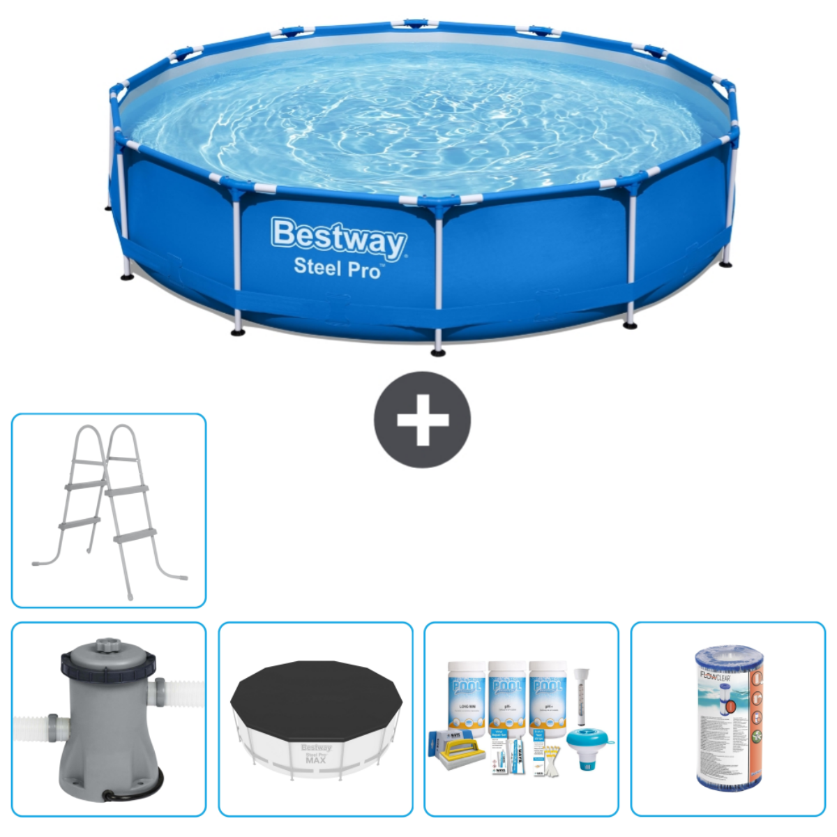 Piscine bleue Bestway Steel Pro avec accessoires. Comprend échelle, filtre et bâche.