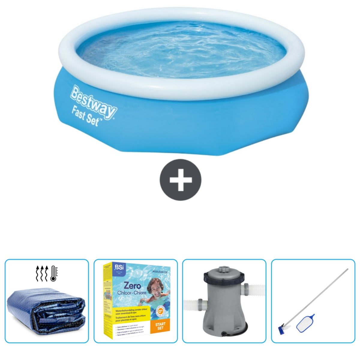 Blauw opblaasbaar zwembad met accessoires: afdekking, chemicaliën, filter en schepnet.