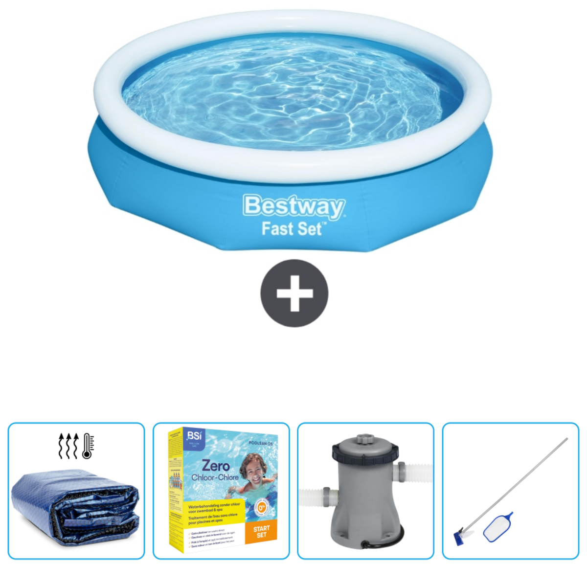 Une piscine hors-sol ronde bleue avec des accessoires, dont une bâche et un filtre.