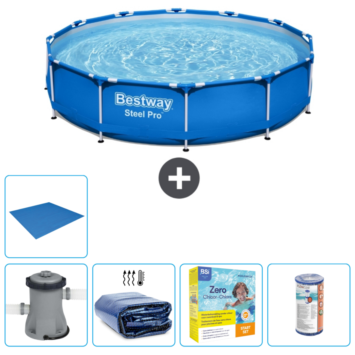 Piscine bleue, eau, accessoires: filtre, couverture, kit chlore, tapis. Bestway.