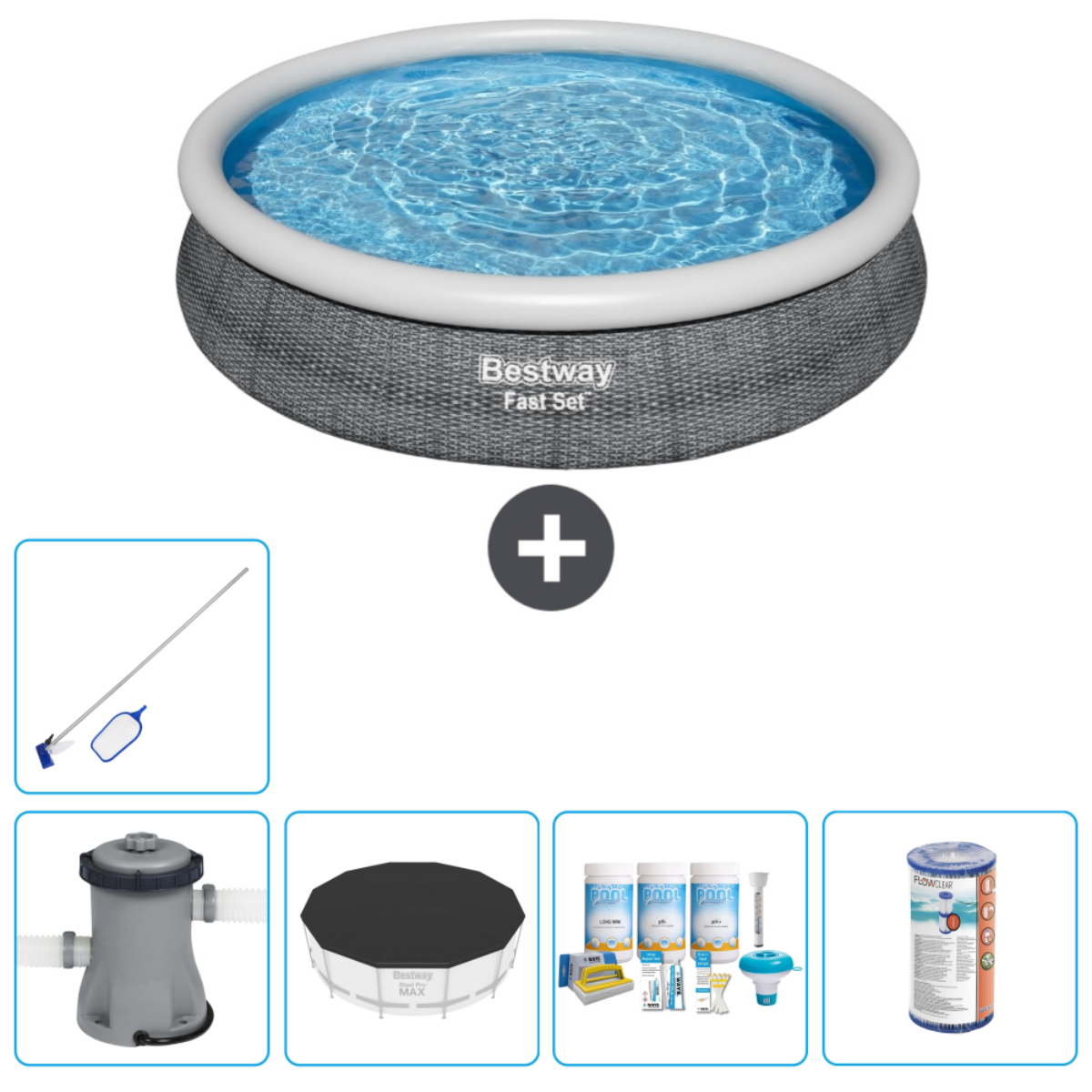 Opblaasbaar zwembad met accessoires: net, pomp, afdekking, chemicaliën, filter, en meer.