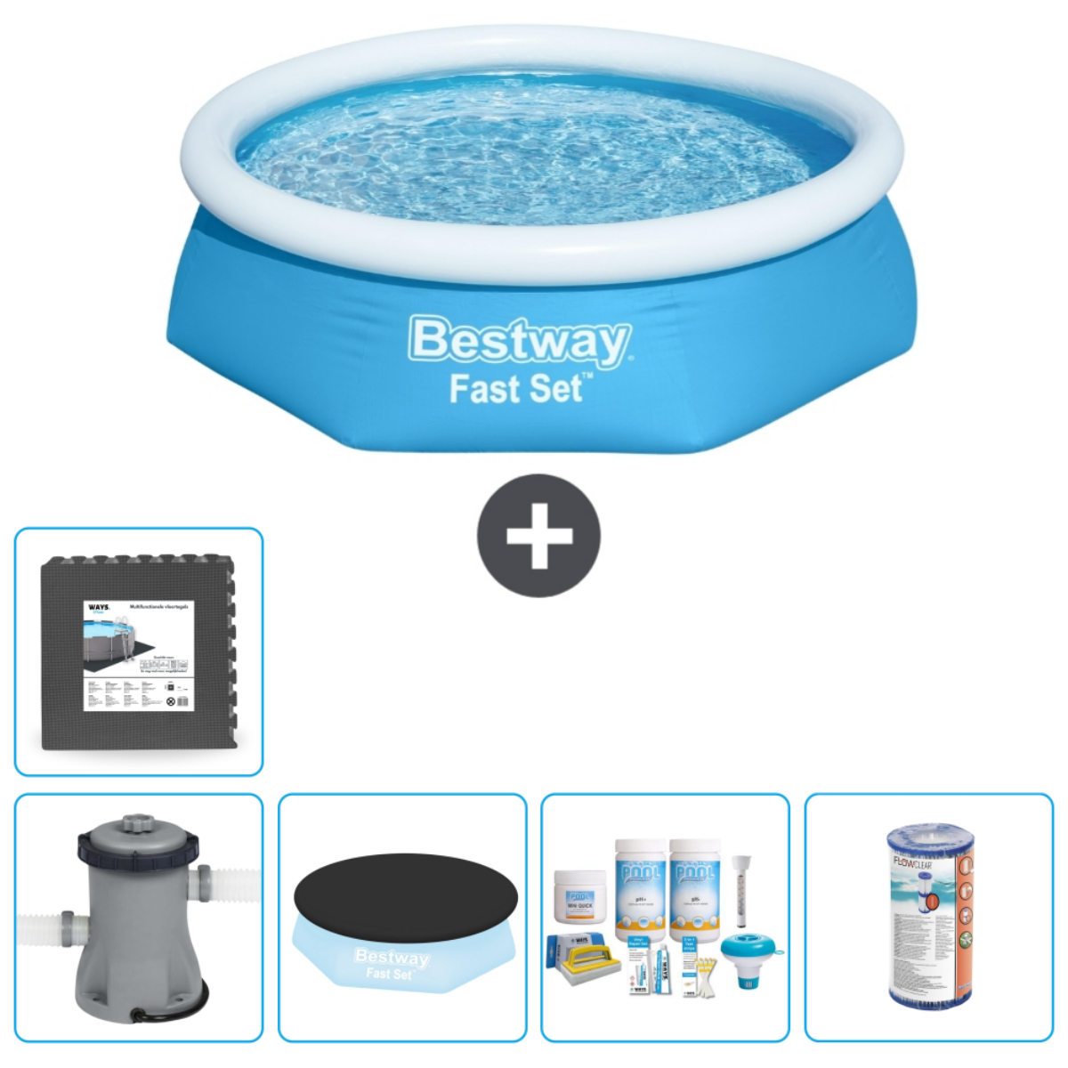 Blauwe en witte opblaasbare zwembad set met accessoires, inclusief een hoes, mat, pomp en chemicaliën.