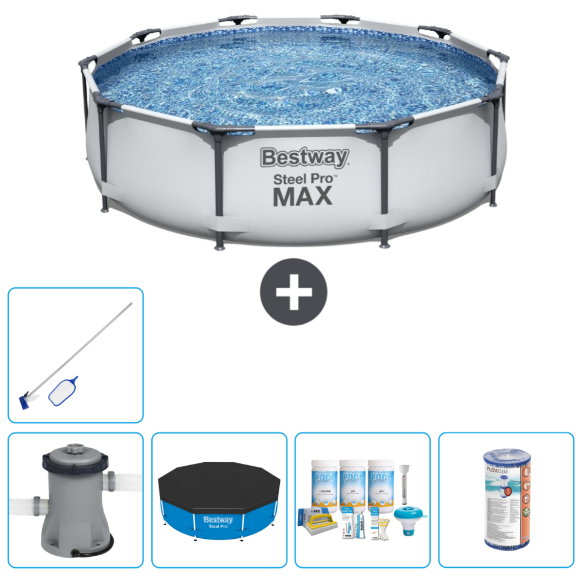 Une installation de piscine comprenant une piscine, une bâche, un filtre et des produits chimiques.