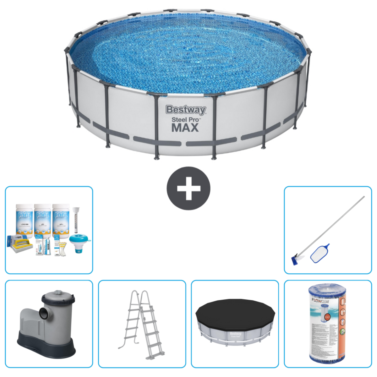 Une piscine ronde et des accessoires : filtre, échelle, kit de nettoyage et bâche.